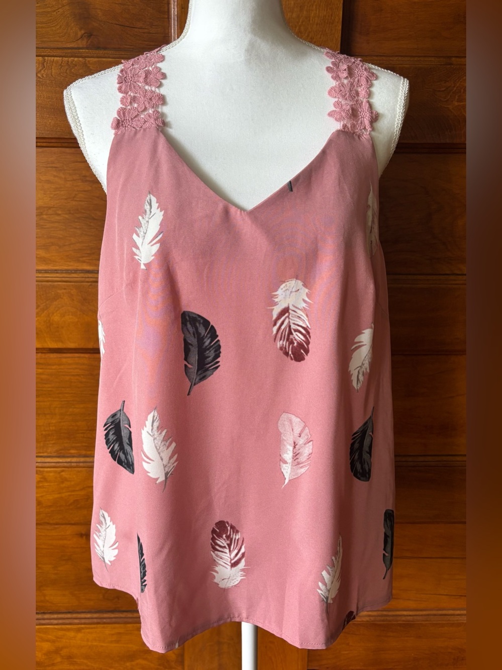 SHEIN V-neck camisole featuring a feather print and delicate lace trim straps
